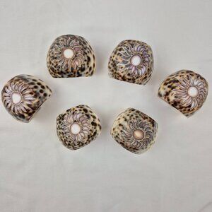 Tigar Cowrie Shell Napkin Rings with Etched Flower Design Set of 6